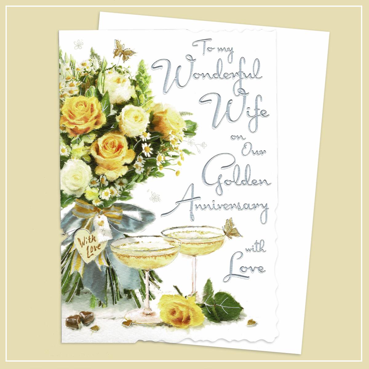 Wife Golden Anniversary Card Alongside Its White Envelope
