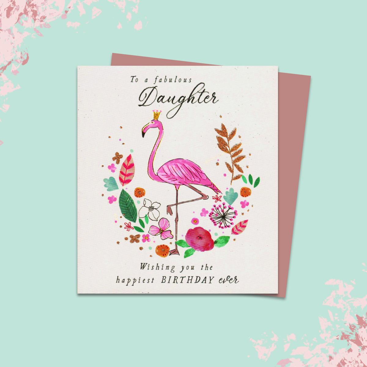 Daughter Flamingo Themed Birthday Card Alongside Its Rose Gold Envelope