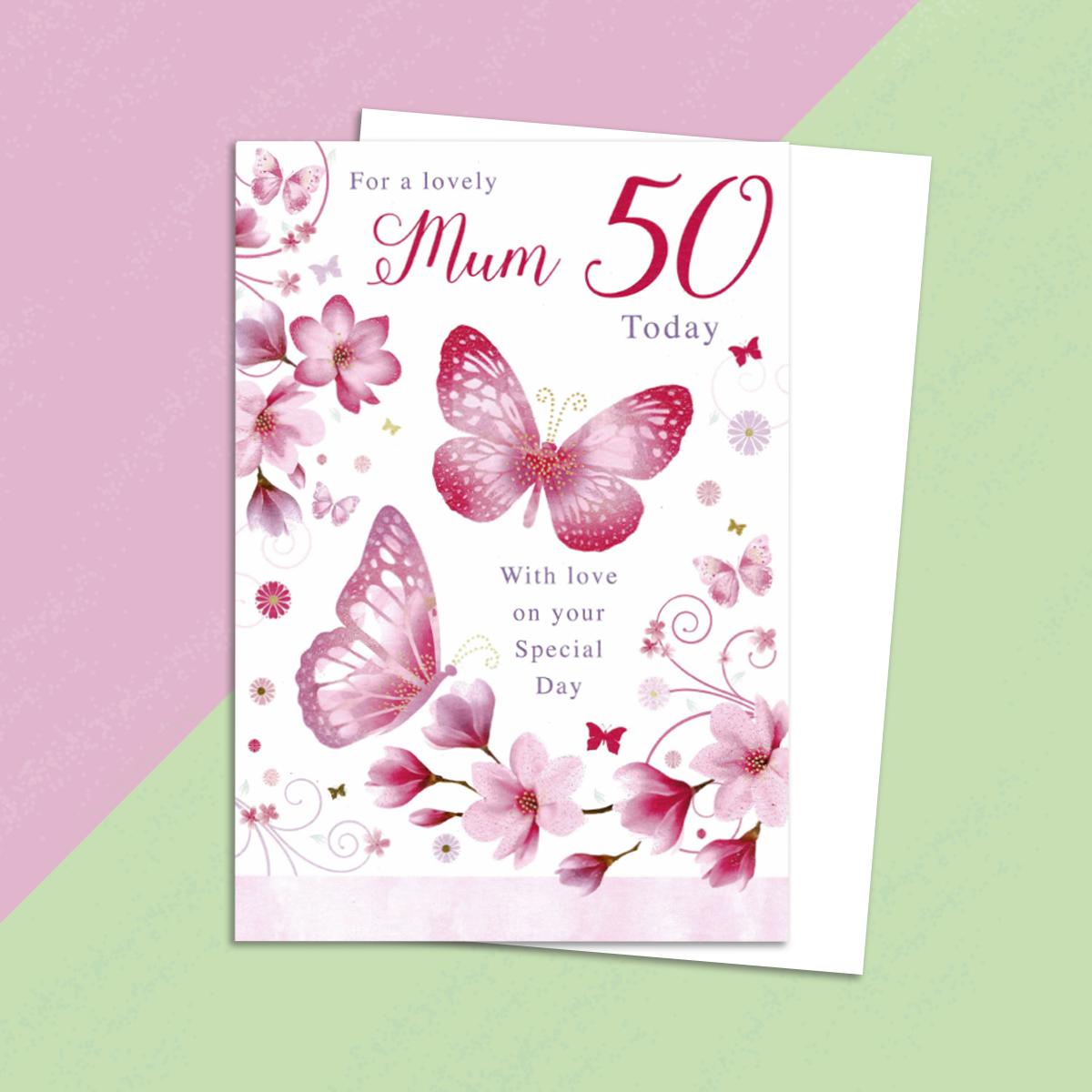 Mum Age 50 Birthday Card Alongside Its White Envelope