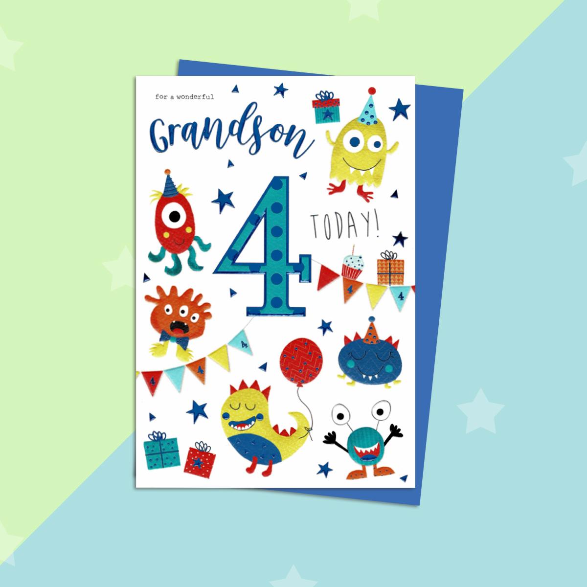 Wonderful Grandson Age 4 Birthday Card Full Image