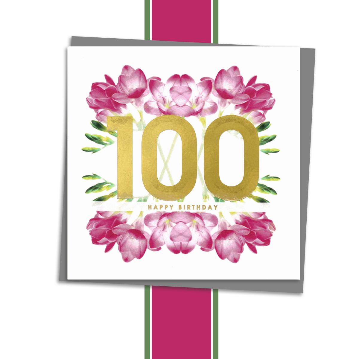Age 100 Floral Birthday Card Alongside Its Dark Grey Envelope