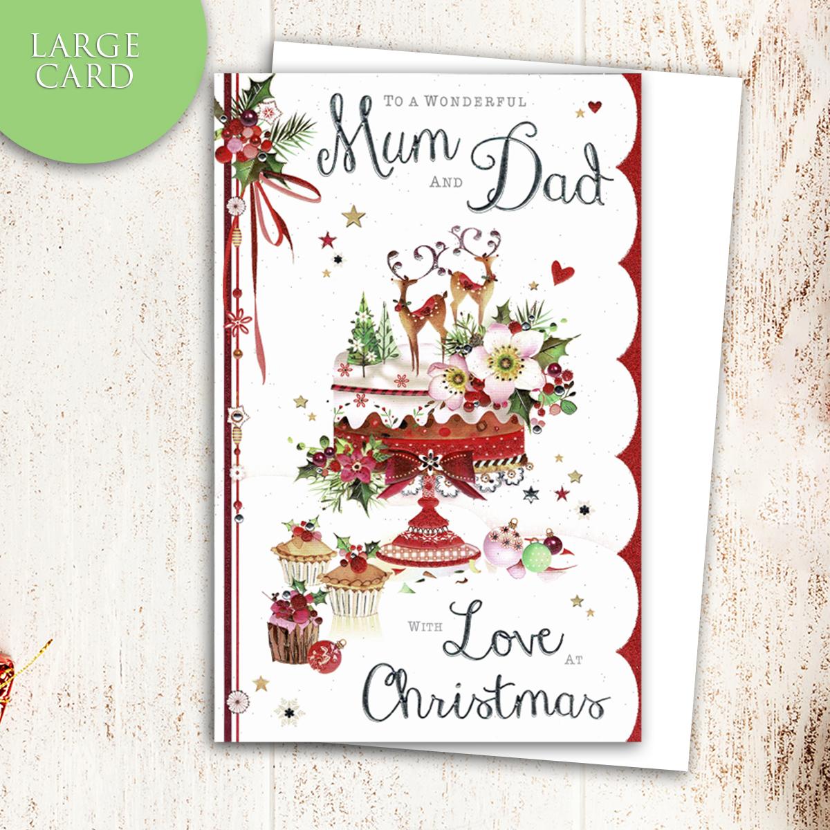 Mum And Dad Christmas Card Alongside Its White Envelope
