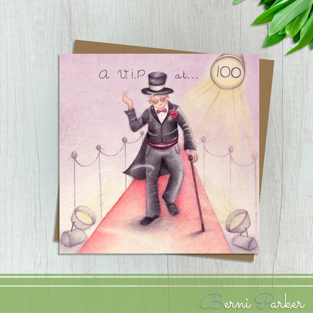 Showing A Gentleman In Top Hat And Tails Walking Along The Red Carpet Under Spotlights. Caption: A V.I.P at 100. Blank Inside For Your Own Message. Complete With Brown Kraft Envelope
