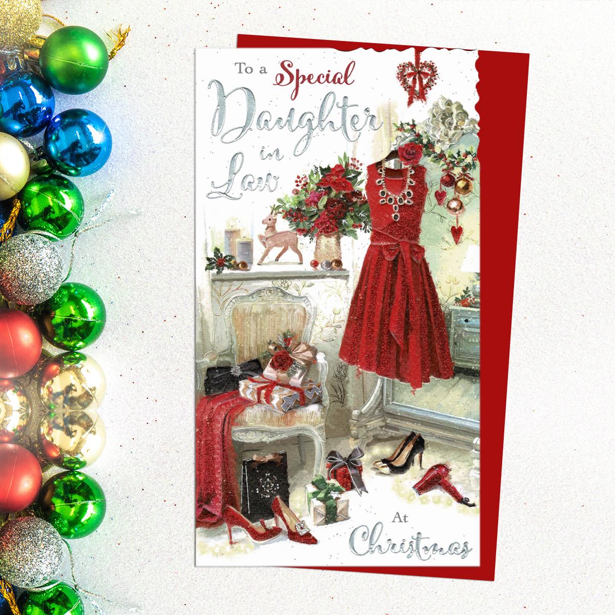 To A Special Daughter In Law At Christmas Dressing Scene With Shoes and Dresses. Red And Silver Lettering And A Red Envelope Complete This Look!