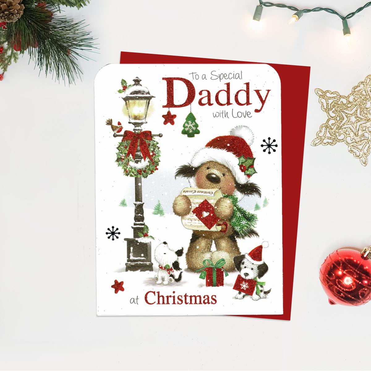 Special Daddy Christmas Card Showing Animal Carol Singers. Red Glitter Lettering And Red Envelope Complete The Design