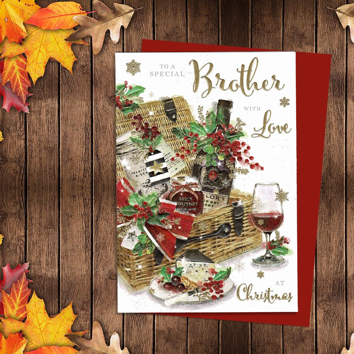 To A Special brother With Love At Christmas Featuring A Beautiful Festive Hamper , Port And Chutney. Finished With Gold Foil lettering, Red Glitter Details And Red Envelope