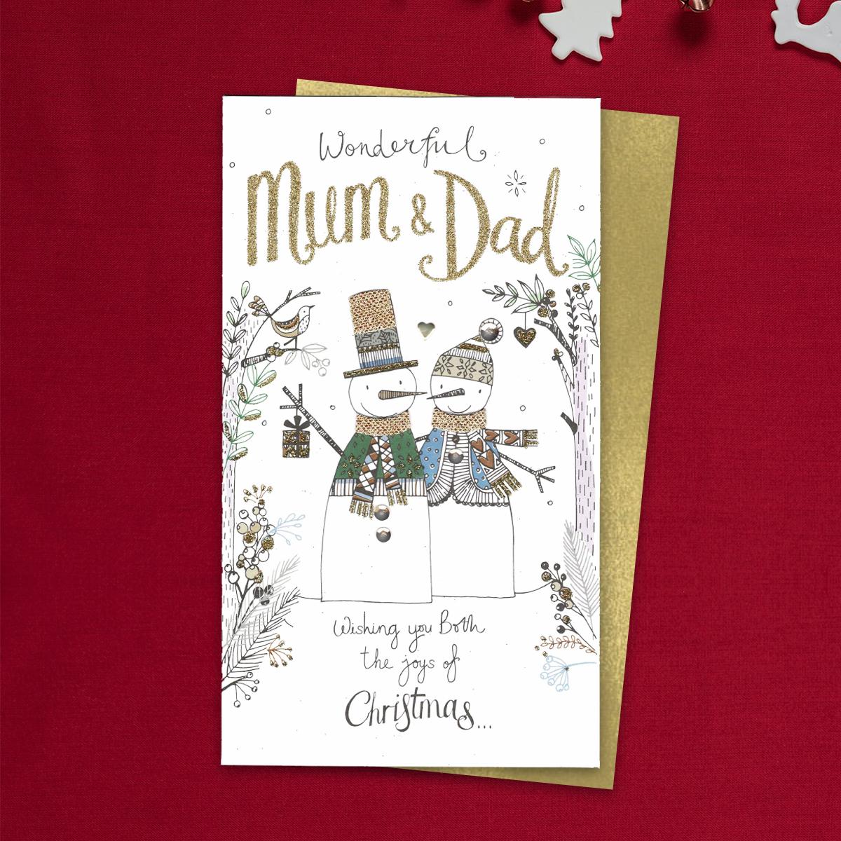 Wonderful Mum & Dad Card Featuring A Beautifully Decorated Snow Couple! Hand Finished With Decoupage And Sequin Embellishments. Complete With Gold Envelope