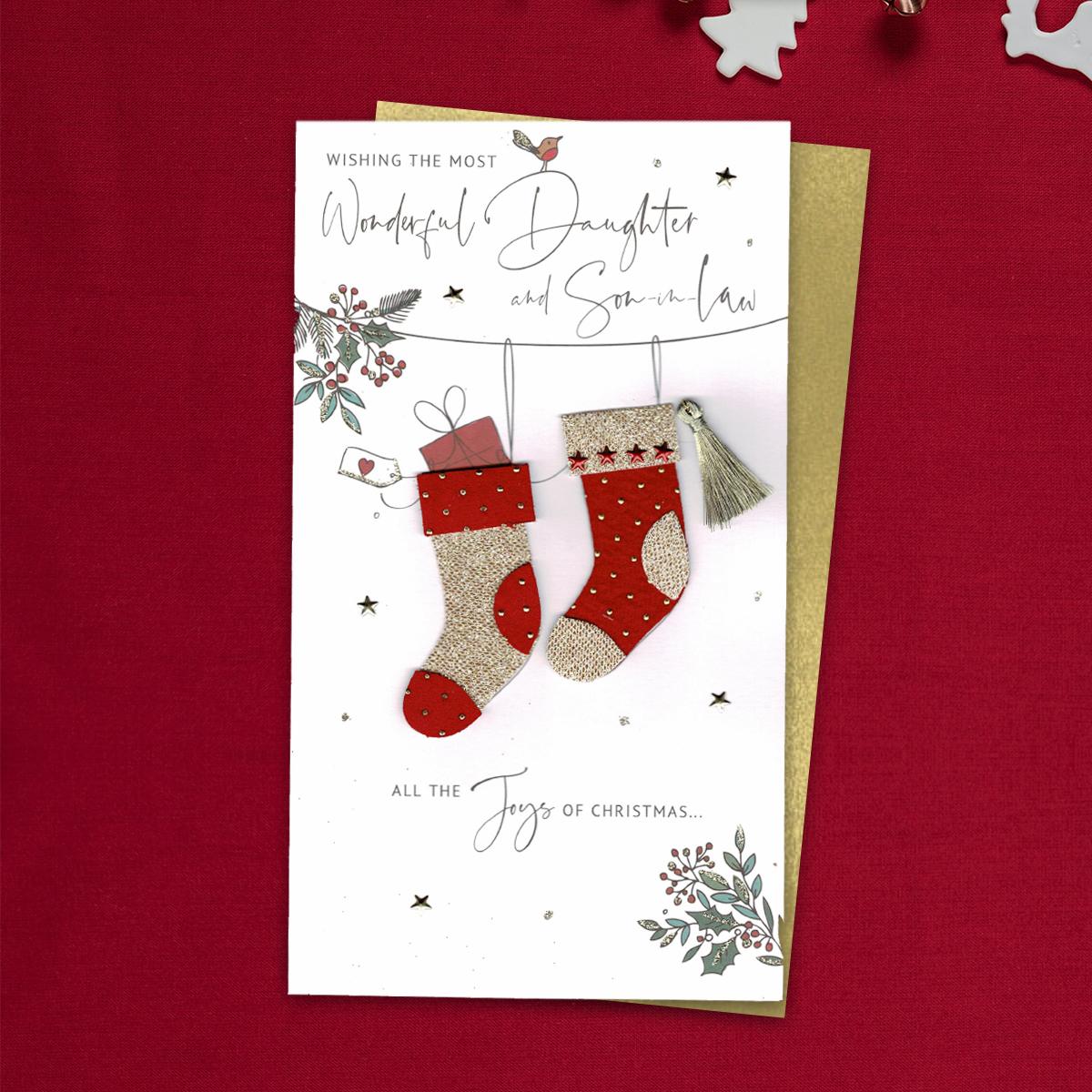 Wishing The Most Wonderful Daughter And Son In Law All The Joys Of Christmas... Featuring Two Christmas Stockings With decoupage And Embellishments. Completed With A Gold Coloured Envelope