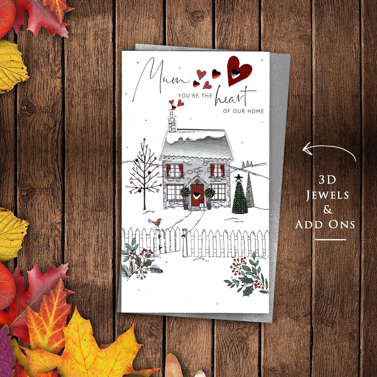 Mum You're The Heart Of Our Home Featuring A Decoupage House With Garden And fence. Finished With Embellishments, Silver Sparkle And Silver Envelope
