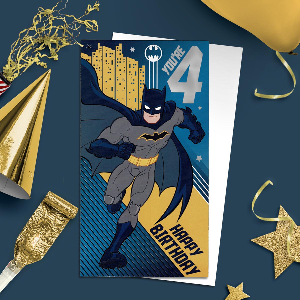 Batman Age 4 Birthday Card Alongside Its White Envelope