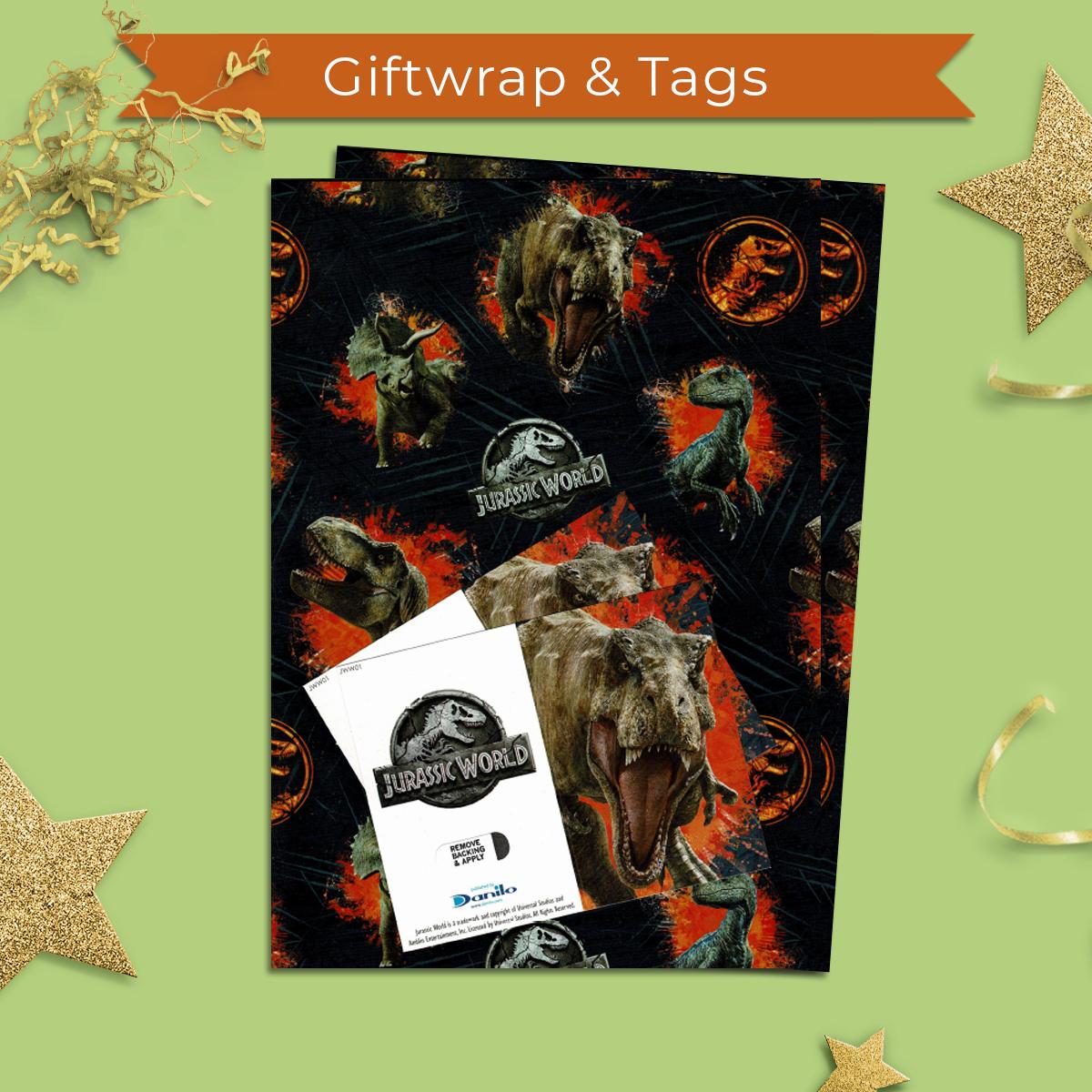 Jurassic World Giftwrap Alongside 2 Matching Gift Tags