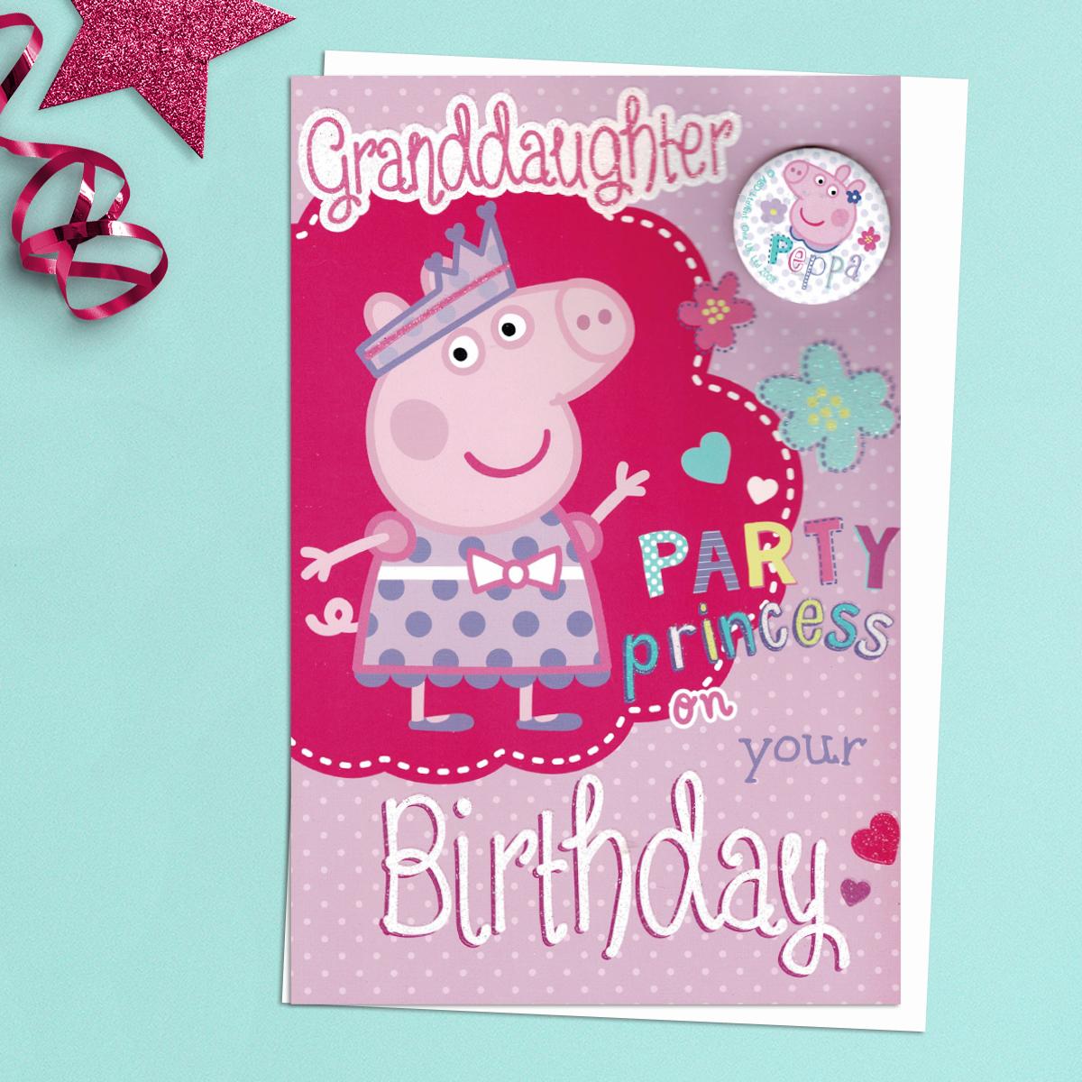 Granddaughter Party Princess Peppa Pig Card With Badge! Vibrant Colour With Added Sparkle. Complete With White Envelope