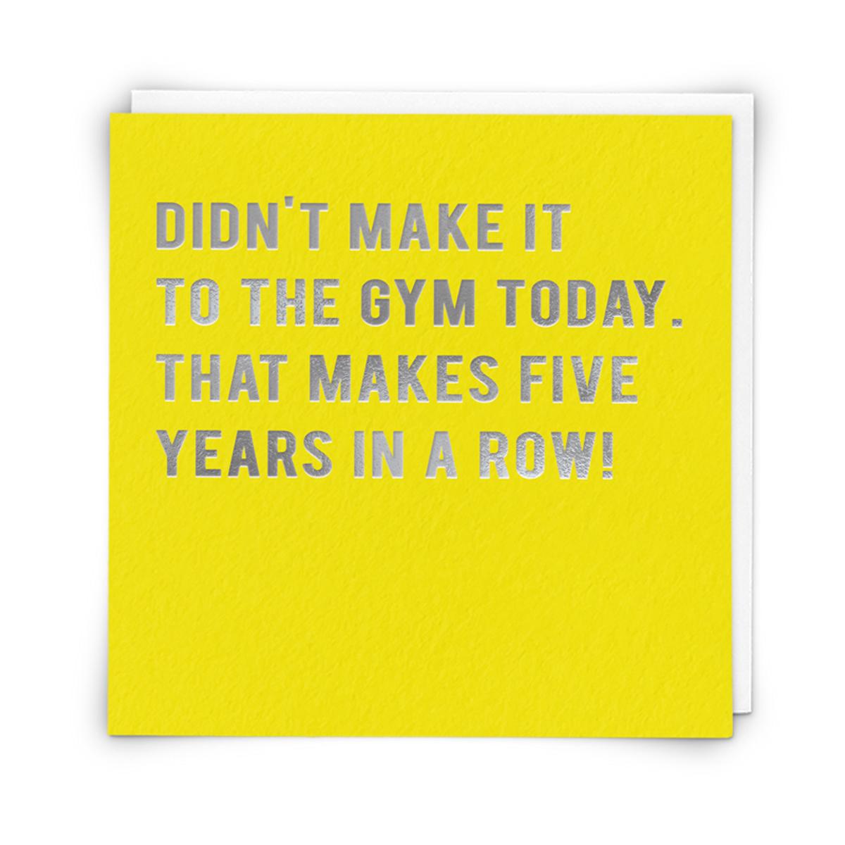 Bright Yellow Funny Gym Themed Greeting Card Alongside Its White Envelope