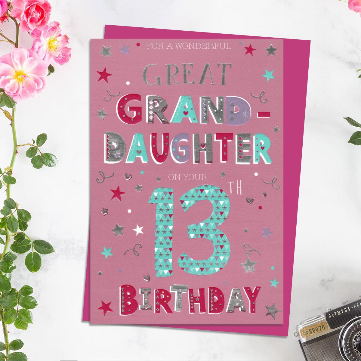 Great Granddaughter Age 13 Birthday Card Alongside Magenta Envelope
