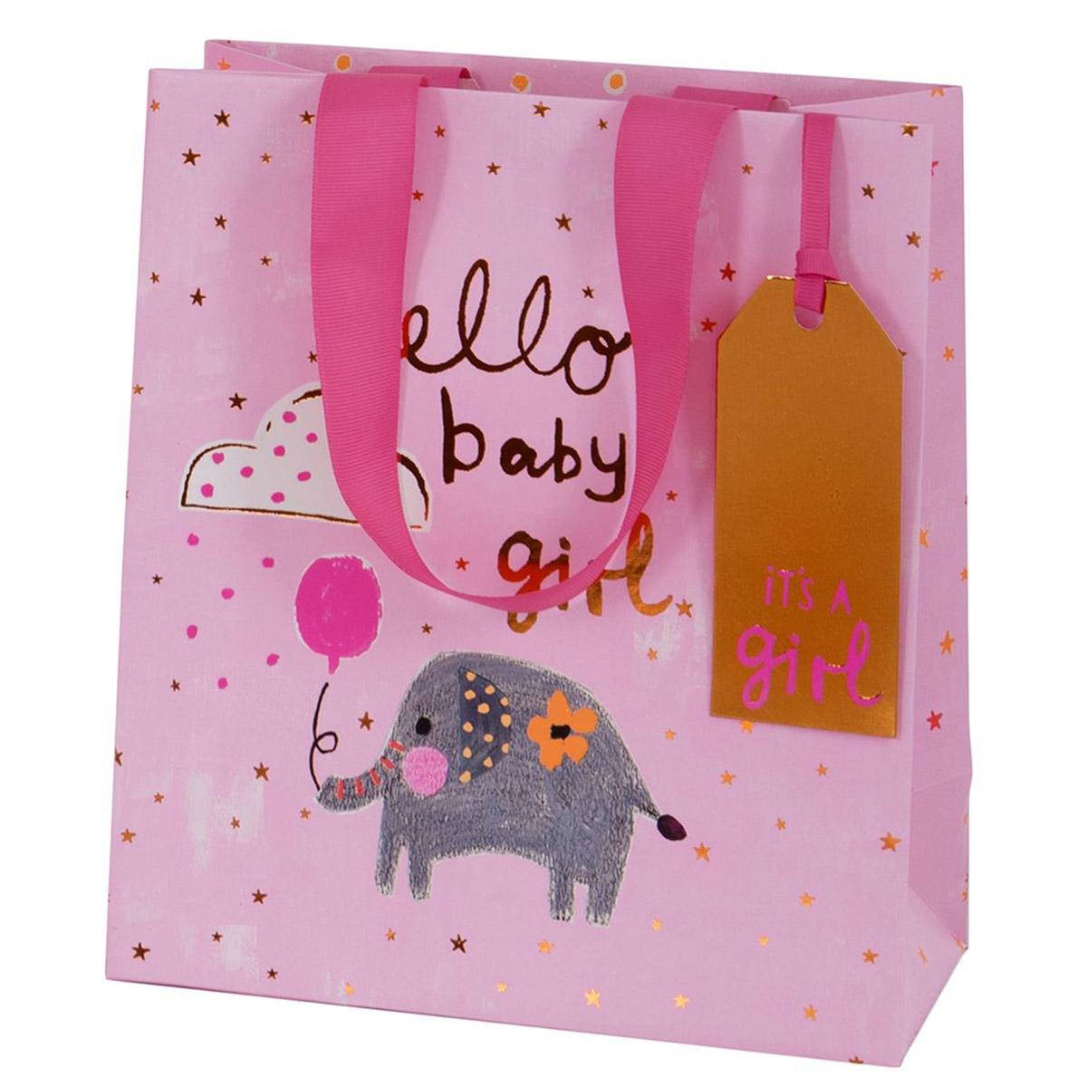 Baby Girl Elephant Themed Gift Bag Complete With Pink Ribbon Handles