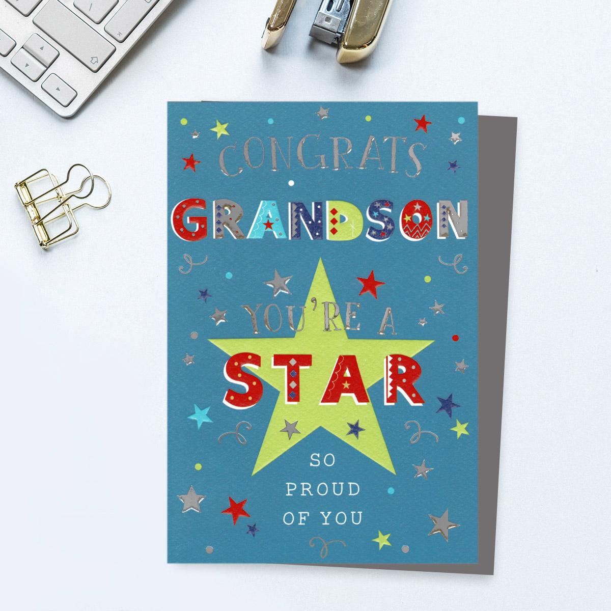 Congrats Grandson Greeting Card Alongside Silver Envelope