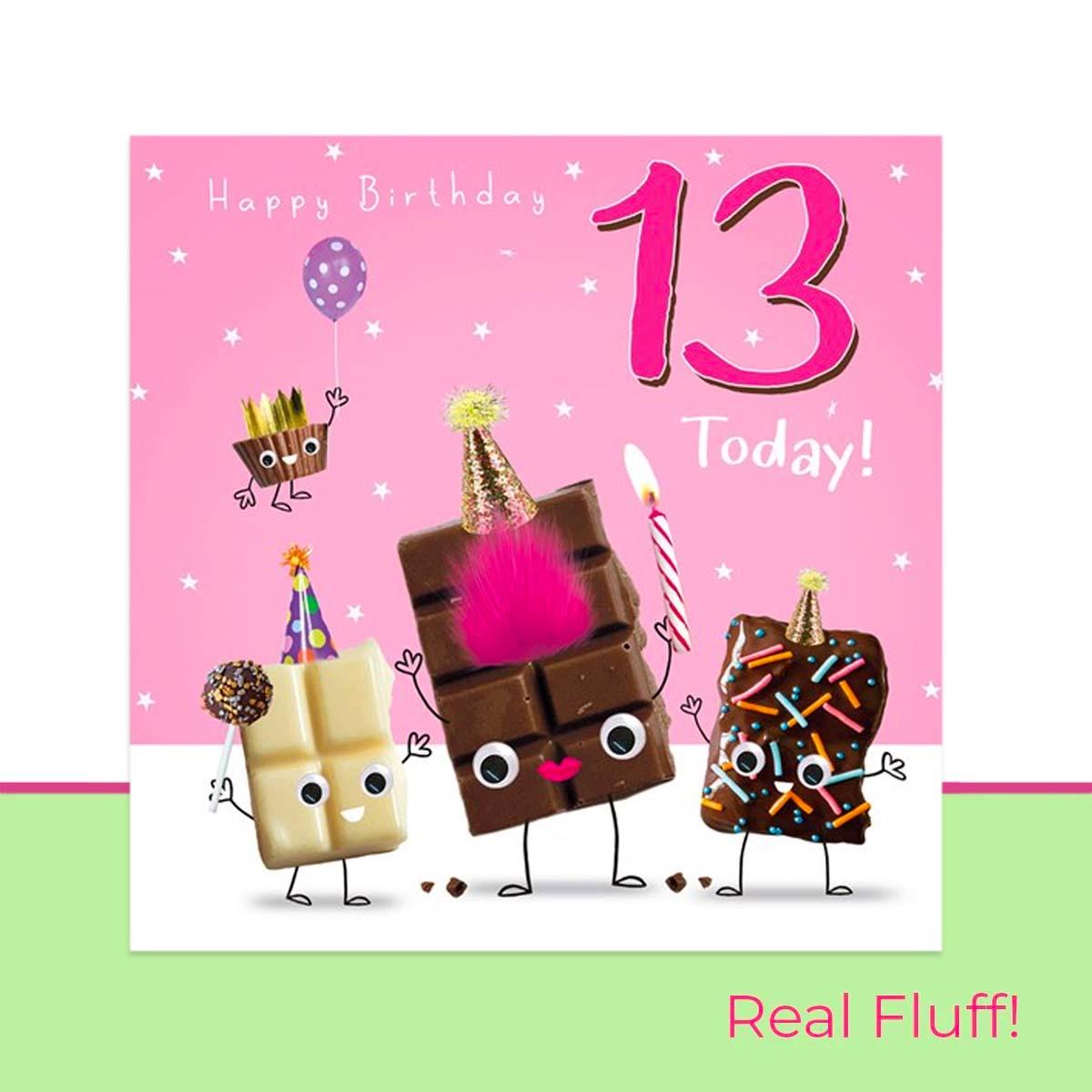 Age 13 Birthday Chocolate Card with fluff attachment front image