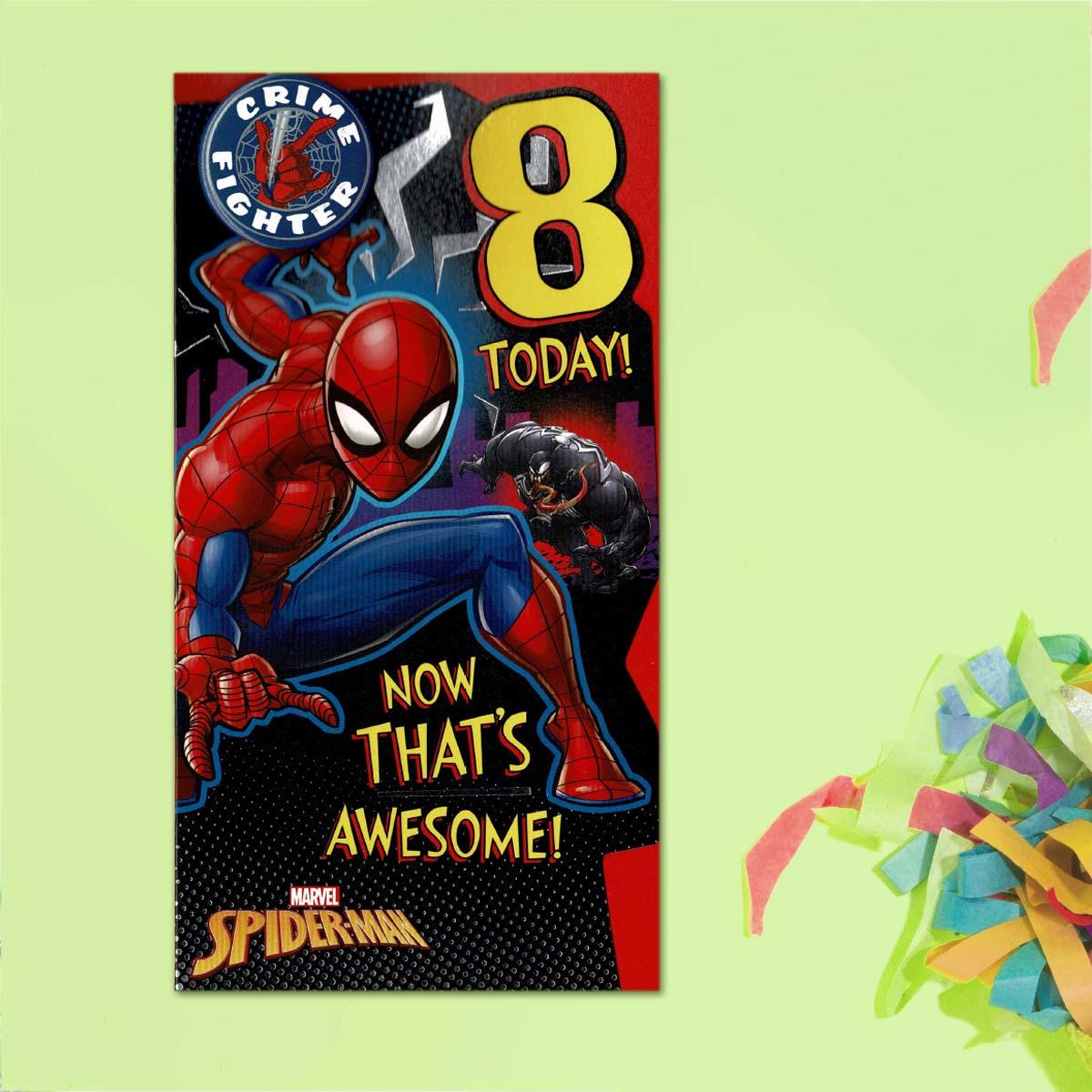 Marvel Spiderman Age 8 With Crime Fighter Badge Card Front Image