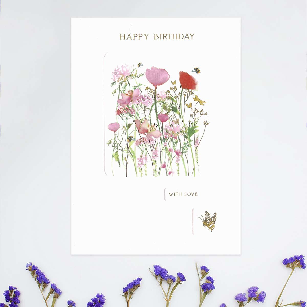 Flower Press - Happy Birthday Poppies & Bees Card Front Image