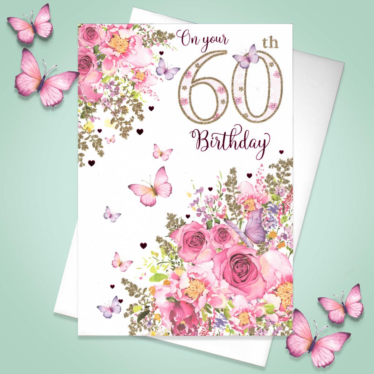 Age 60 Butterflies Birthday Card Alongside Its White Envelope