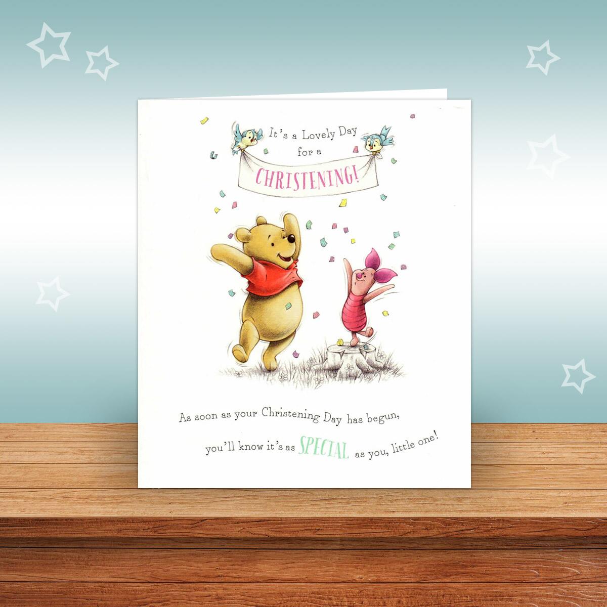 Winnie The Pooh Christening Card Alongside Its Pale Green Envelope