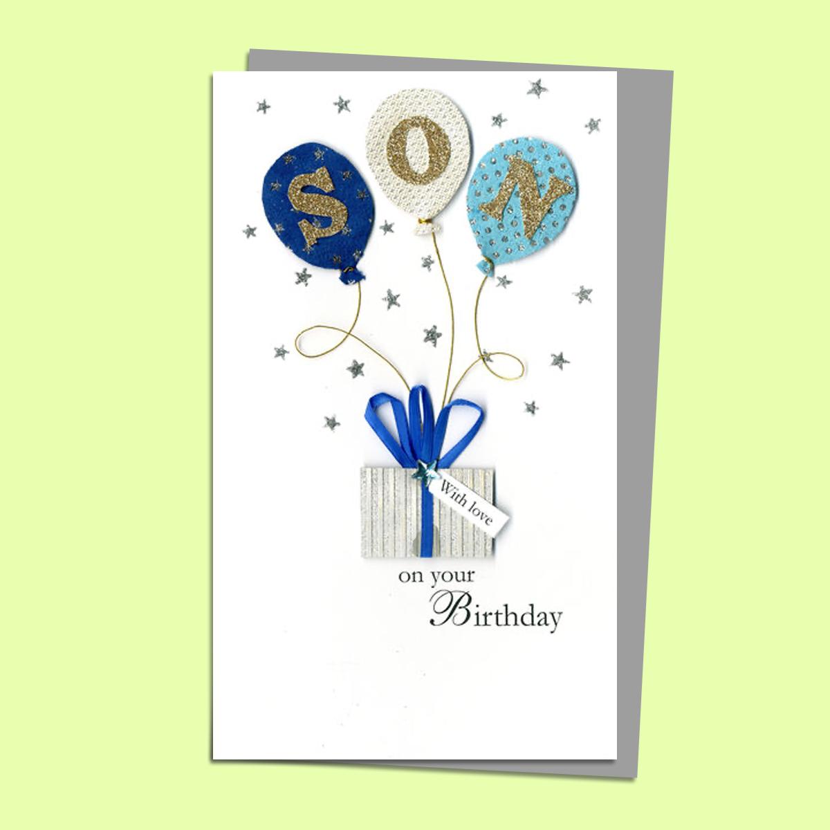 Son Balloons Birthday Card Alongside Its Silver Envelope