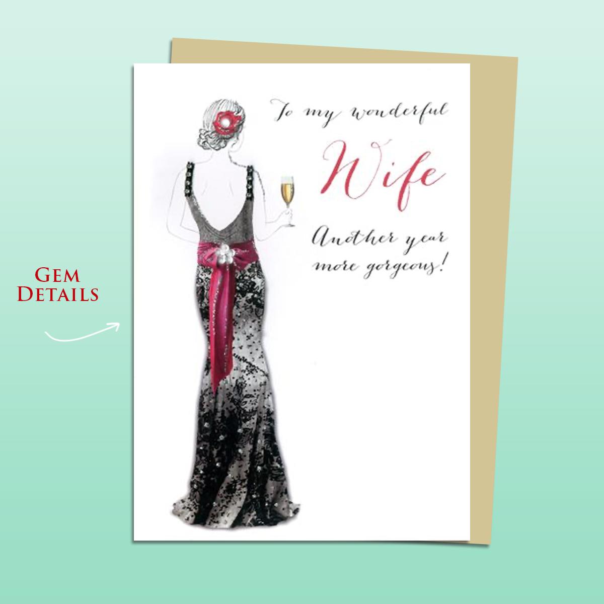 Wife Ball Gown Birthday Card Alongside Its Ivory Envelope