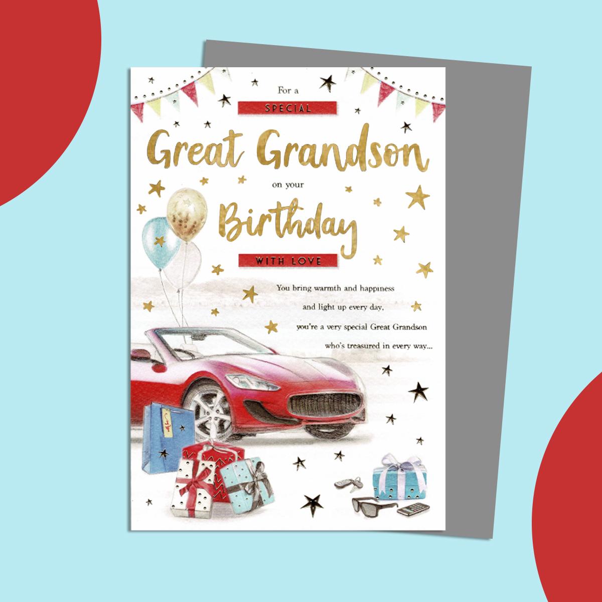 Great Grandson Birthday Card Featuring A Red Sports Car