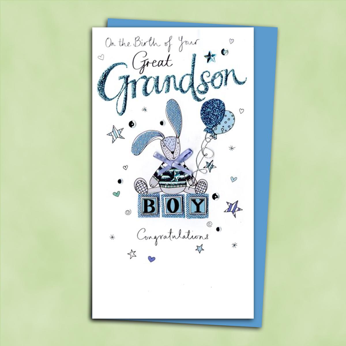 Baby Great Grandson Congratulations Card Alongside Its Blue Envelope