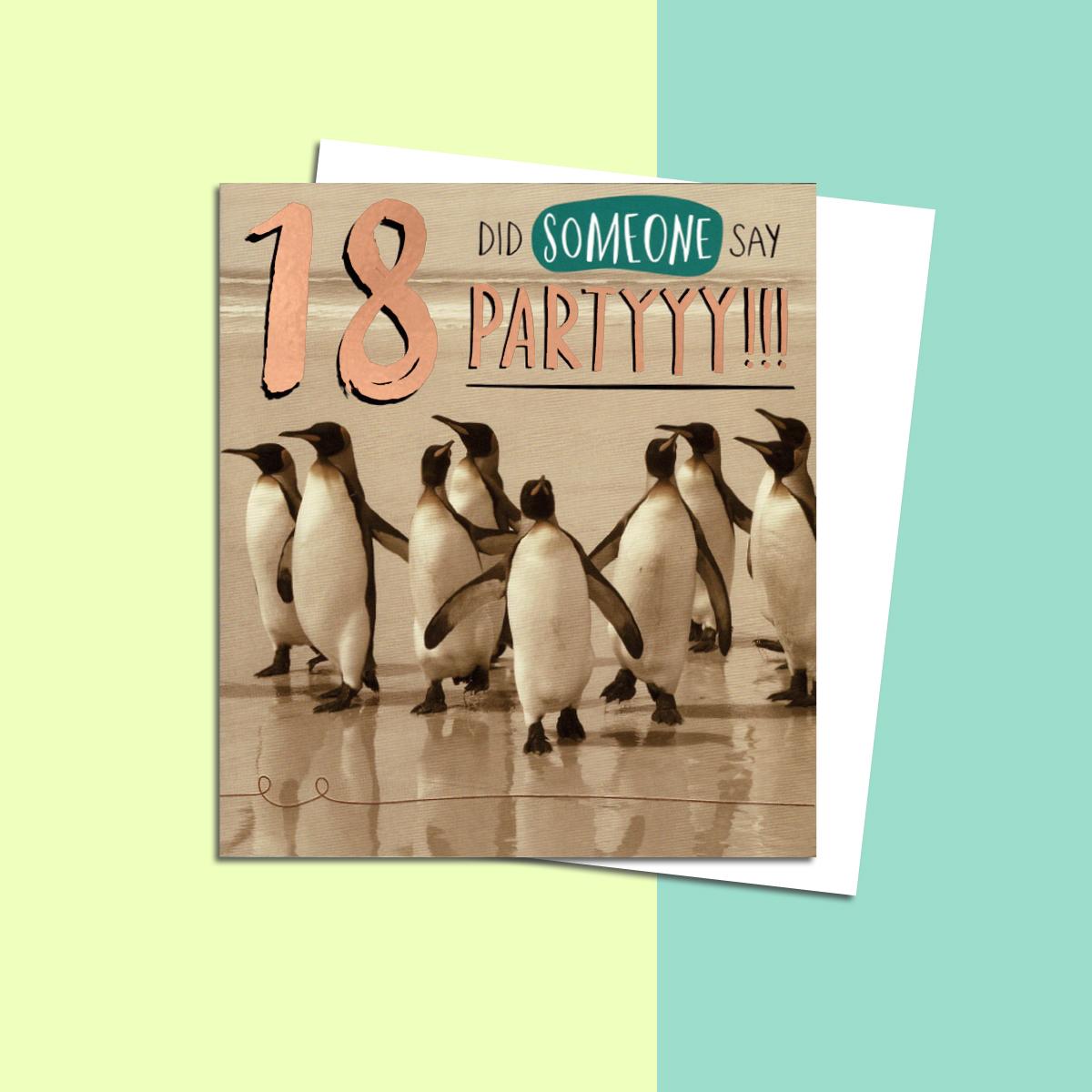Age 18 Penguin Themed Birthday Card Alongside Its White Envelope
