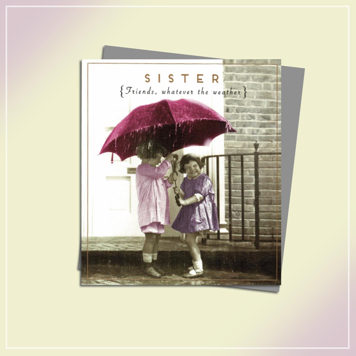 Sister Whatever The Weather Birthday Card Alongside Its Silver Envelope