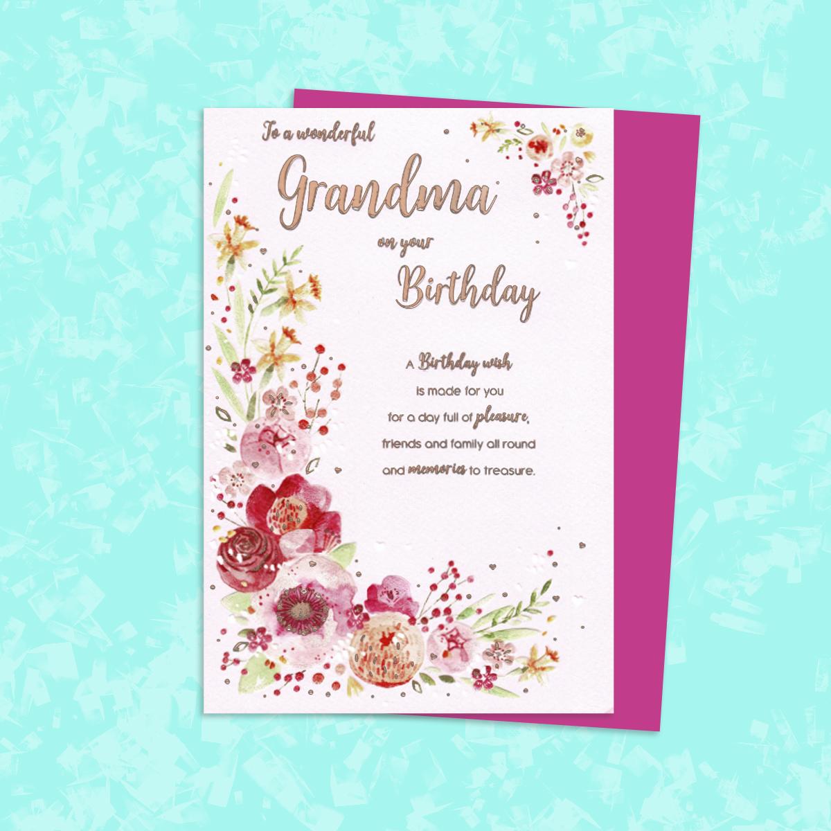 Grandma Floral Border Birthday Card Alongside Its Magenta Envelope