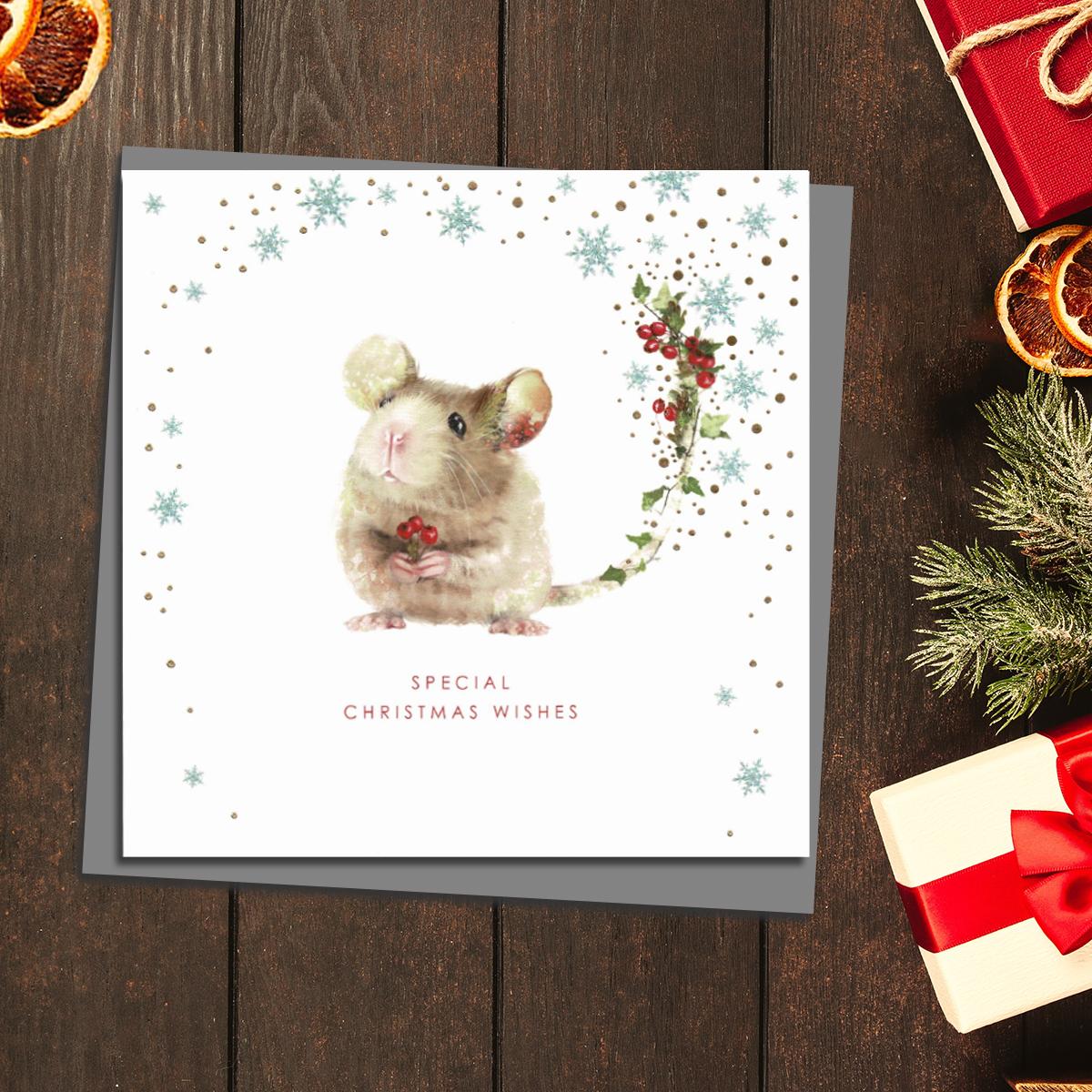 Mouse Christmas Card Alongside Its Grey Envelope