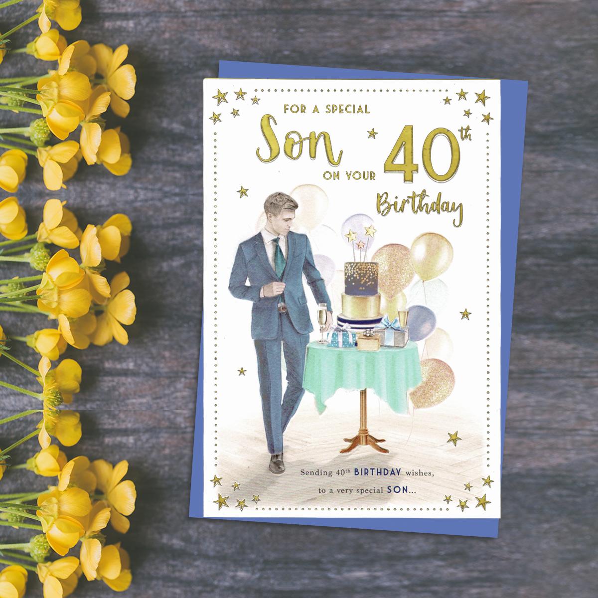 Son 40th Birthday Card Featuring A Nest Of Presents