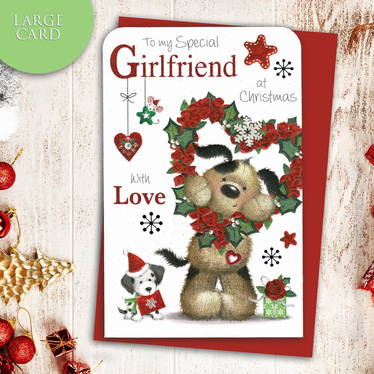 Girlfriend Xmas Wreath Christmas Card Alongside Its Red Envelope