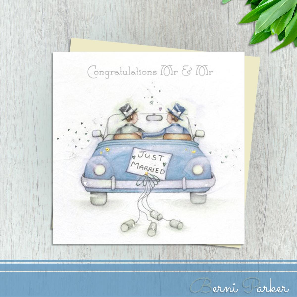Two Grooms On Their Wedding Day Shown In the Wedding Car. Finished With Silver Accents And Complete With An Ivory Envelope