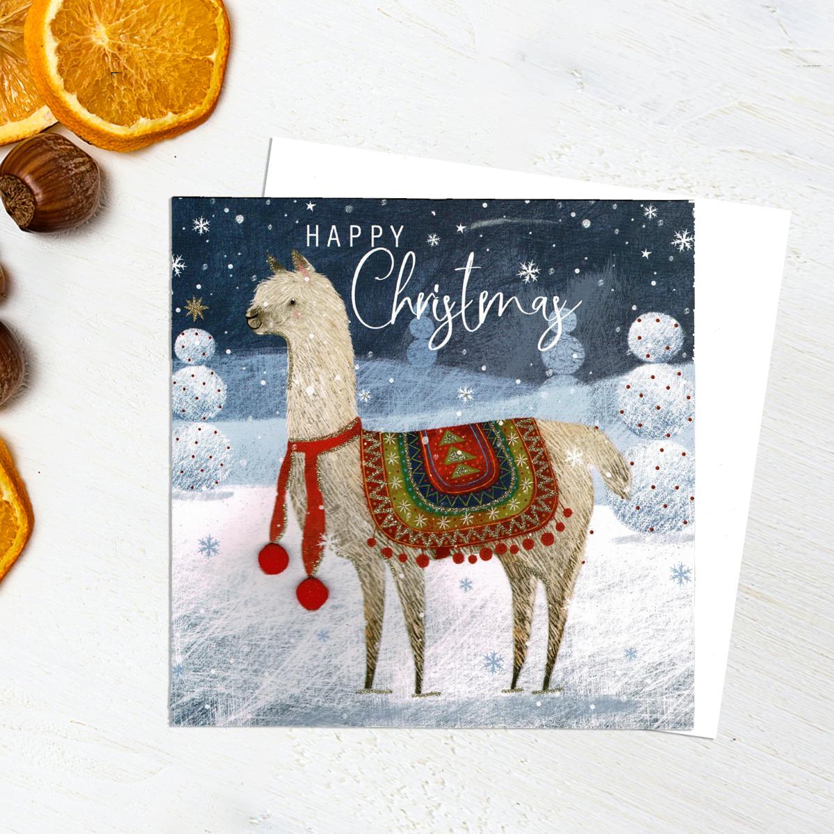 Happy Christmas Llama In The Snow General Christmas Card. With Added Sparkle And Pom Poms. Complete With White envelope