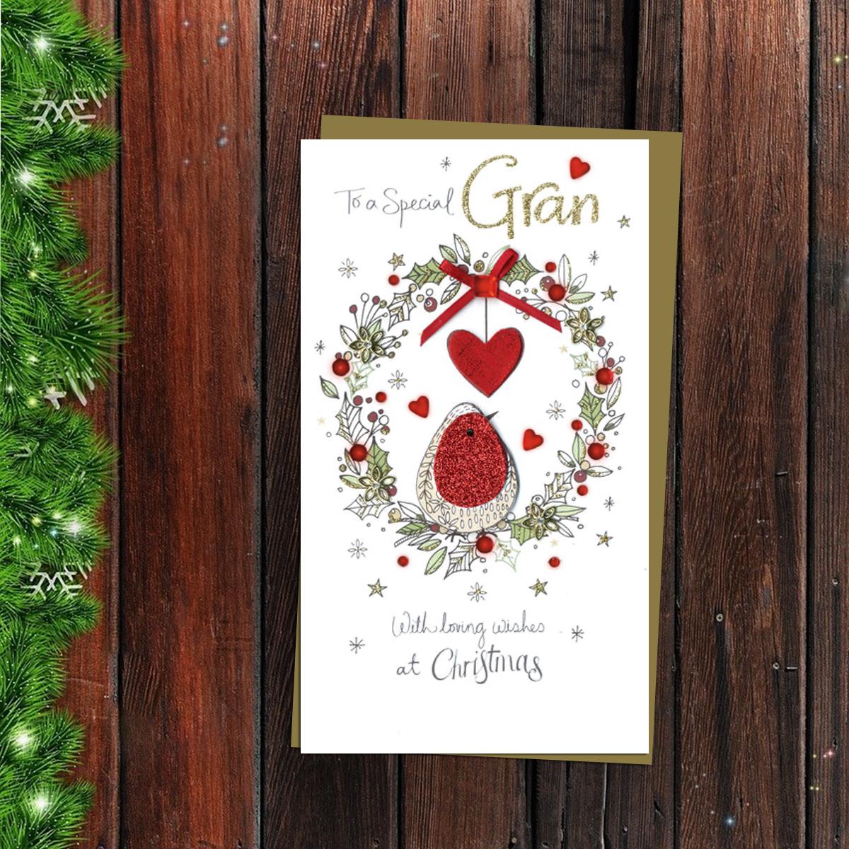 Special Gran Christmas Card Alongside Its Gold Envelope