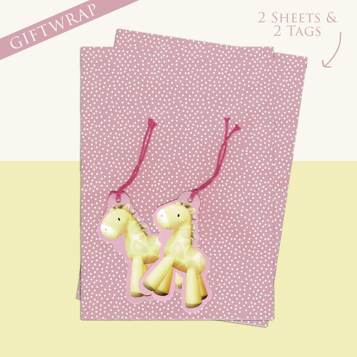 Pink Dots Wrapping Paper Alongside 2 Giraffe Tags
