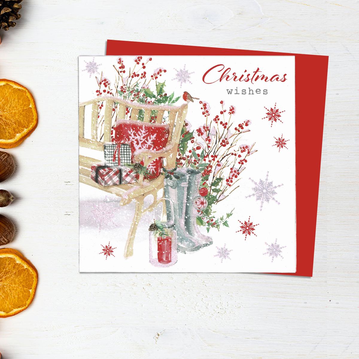 Christmas Wishes Featuring A Garden bench With Wellies! Finished with Sparkle and Red Envelope