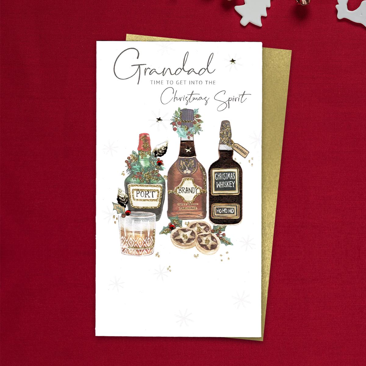 Grandad Time To Get Into The Christmas Spirit Featuring Bottles Of Port, Brandy And Whiskey. Hand Finished With Jewel Embellishments. Completed with a Gold Coloured Envelope
