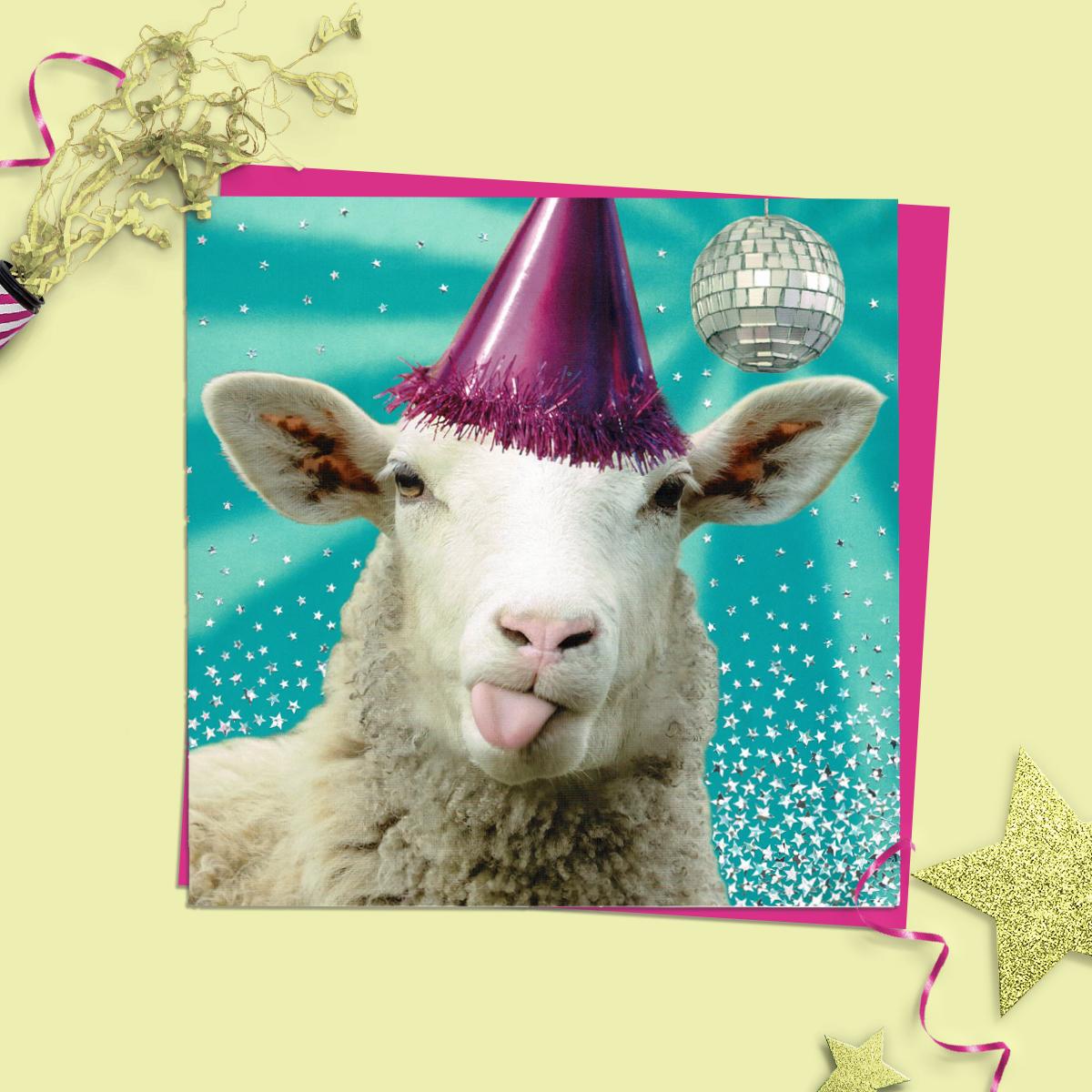 Disco Sheep Quirky Birthday Card Alongside Its Magenta Envelope