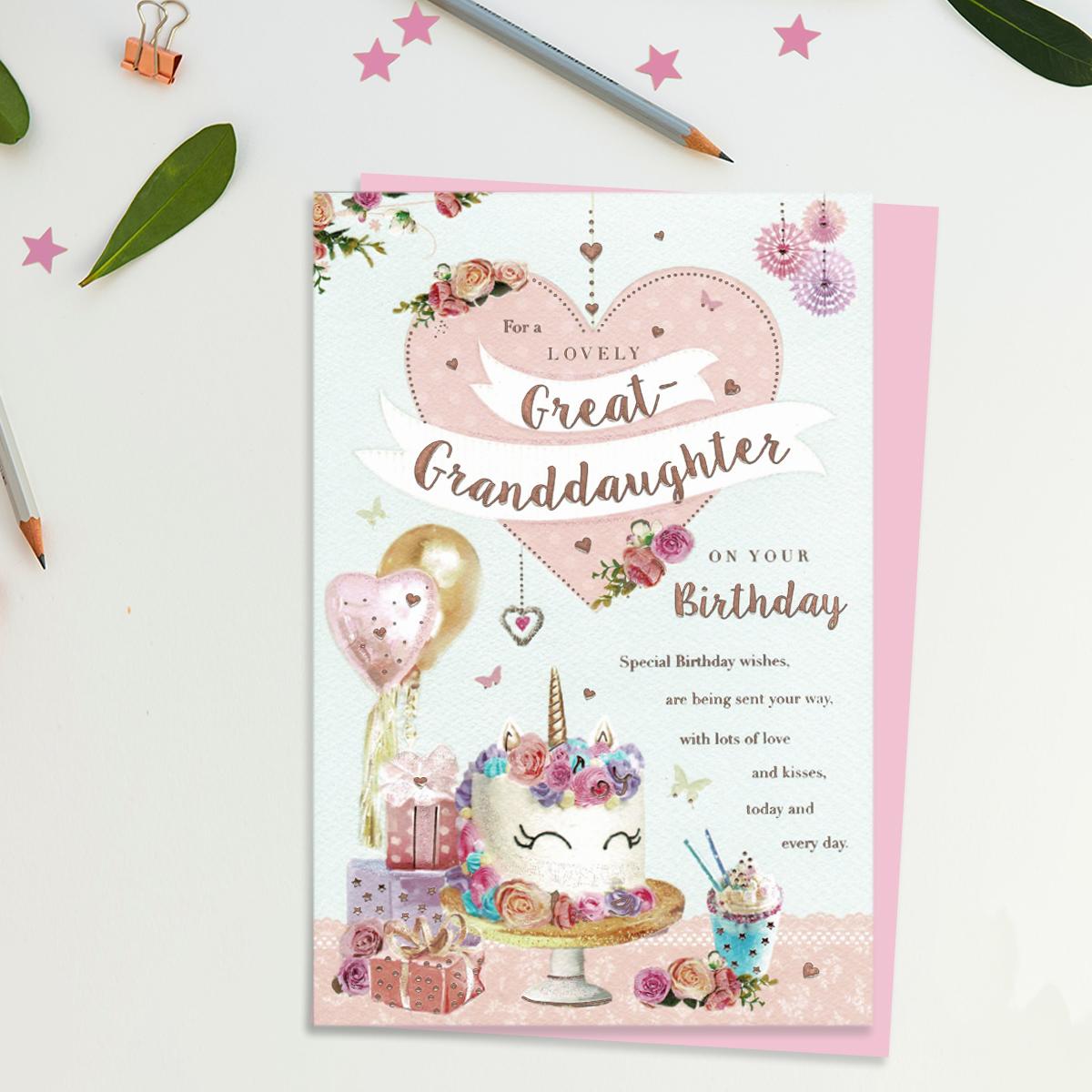 Great Granddaughter Birthday Card Alongside Its Light Pink Envelope