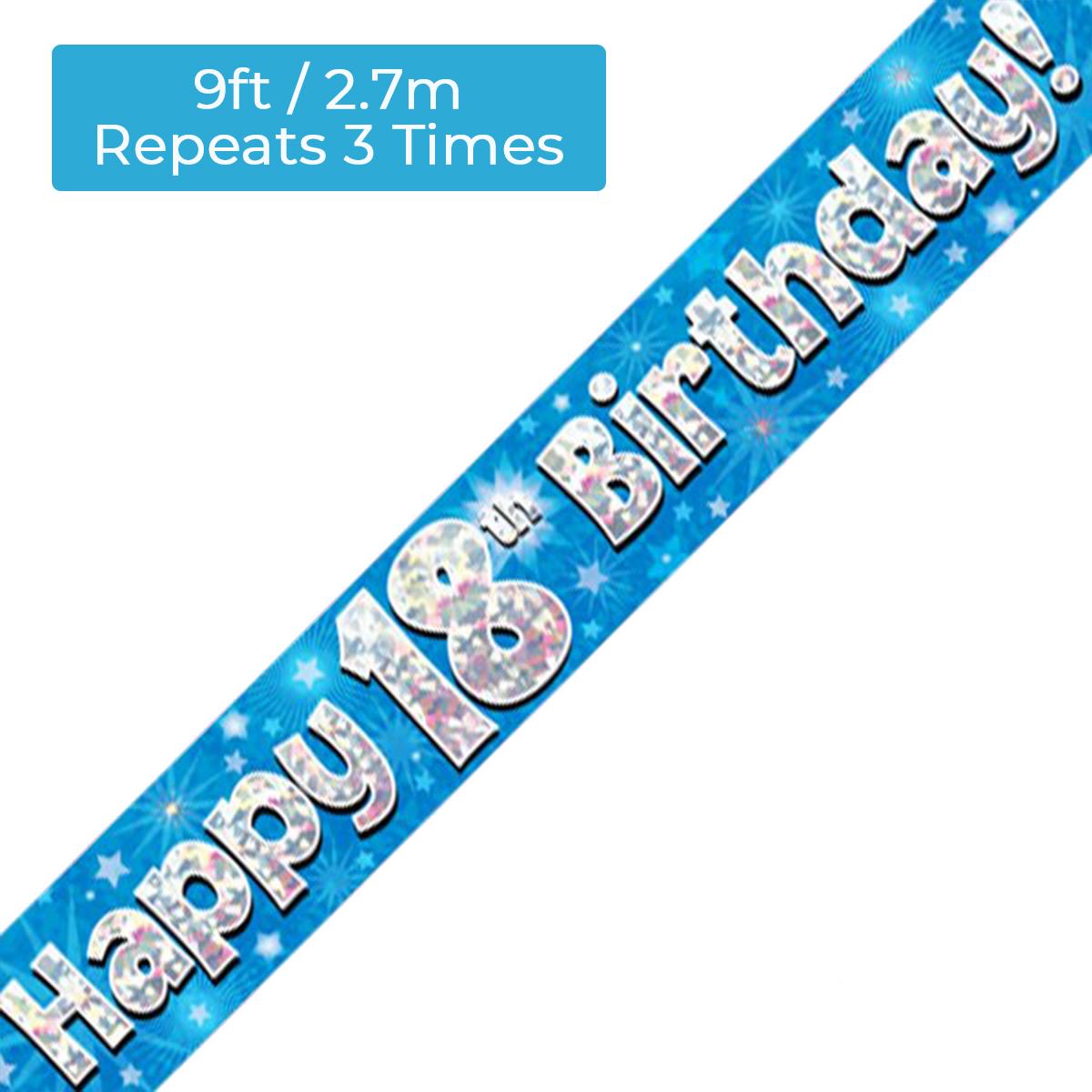 Age 18 Blue Holographic Birthday Banner Displayed