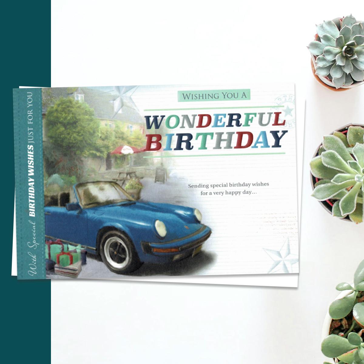 Wishing You A Wonderful Birthday Embossed Card Featuring A Blue Convertible Car. Complete With White Envelope