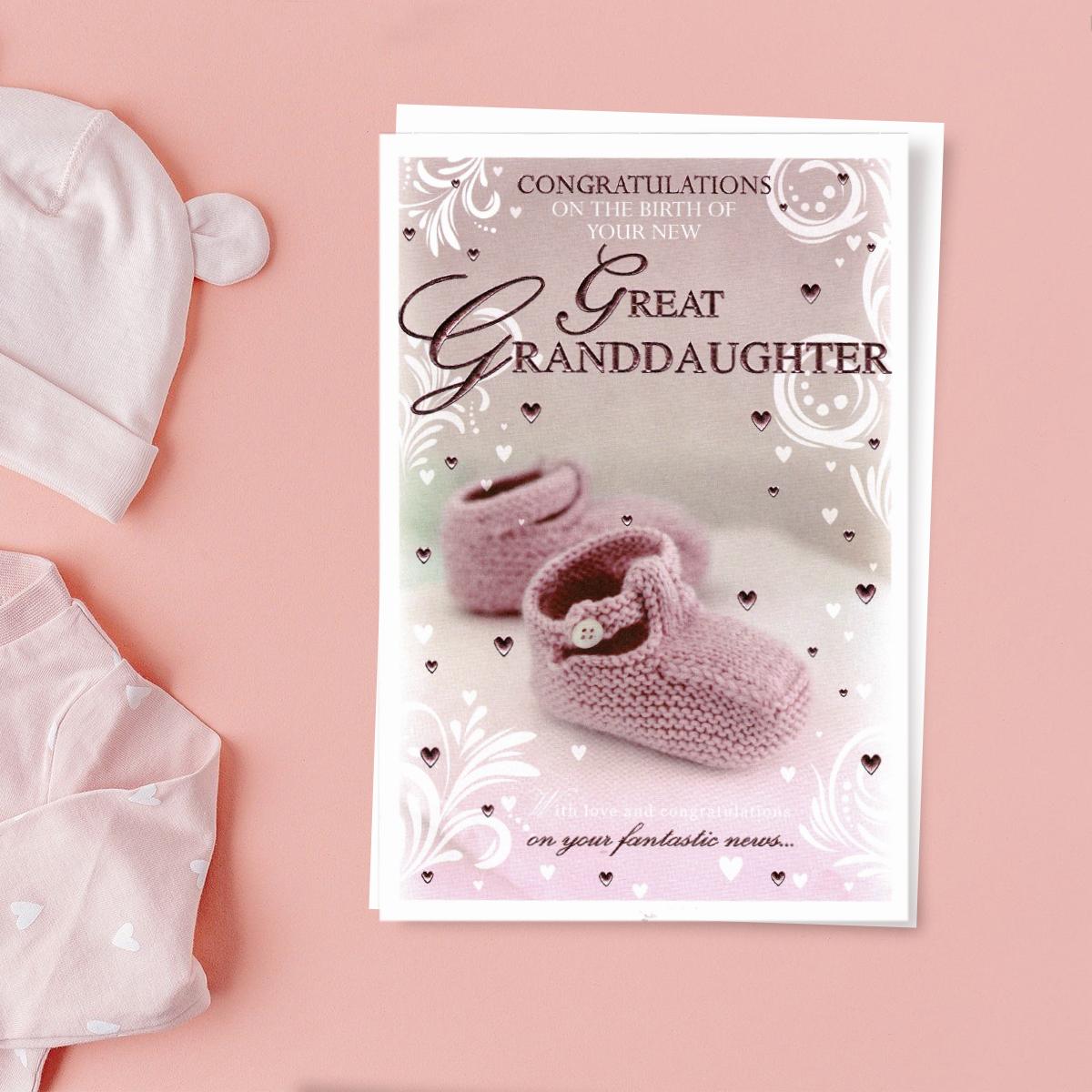 Birth Of Great Granddaughter Pink Bootees Card Front Image