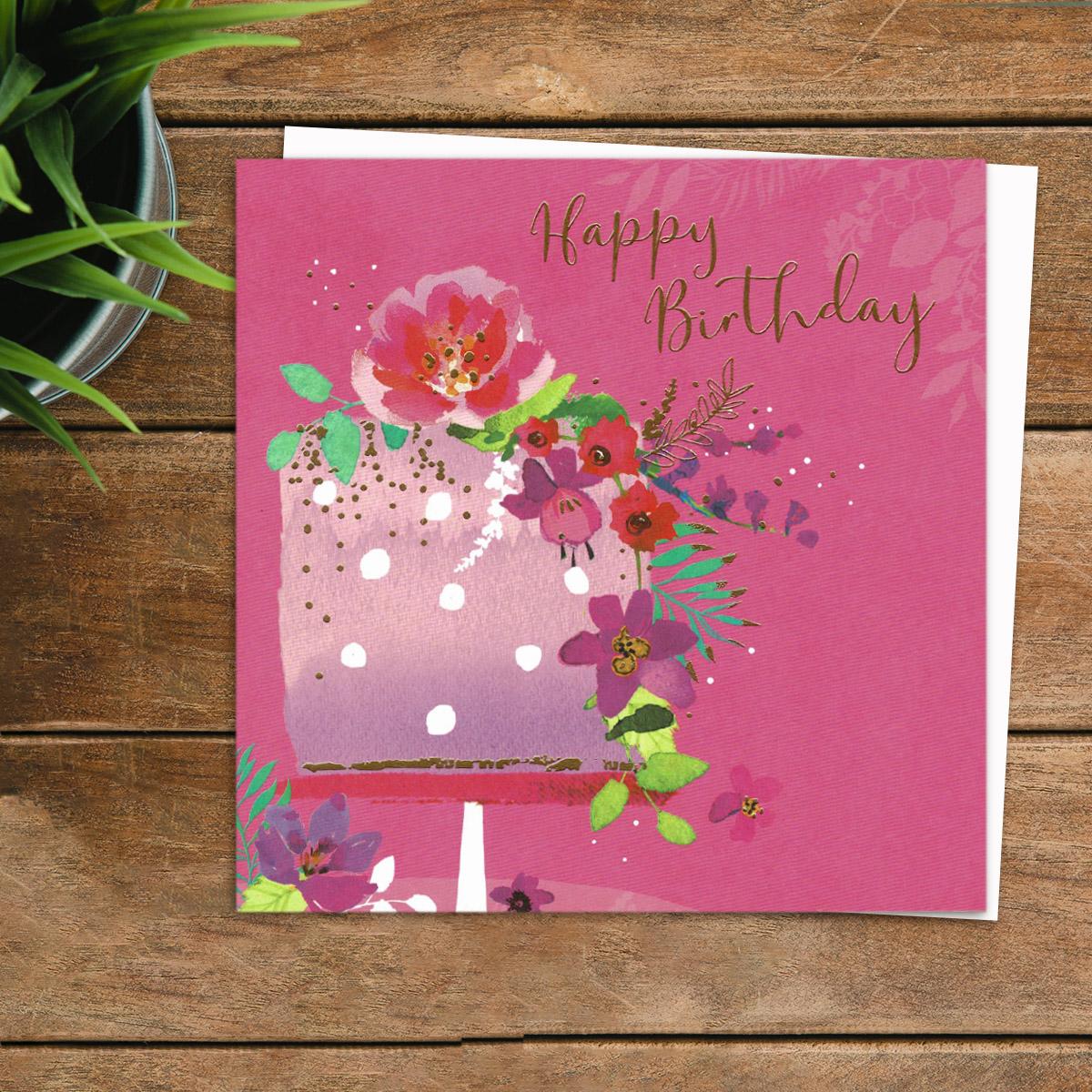 Damson Noire - Happy Birthday Cake & Flowers Card Front Image