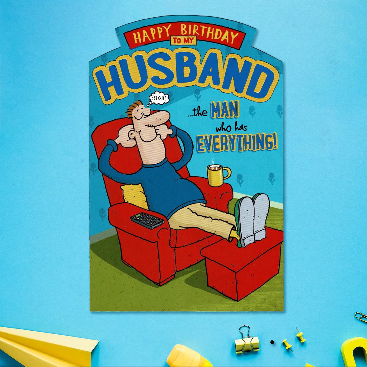 Husband Funny Birthday Card Sat On A Wooden Display Shelf