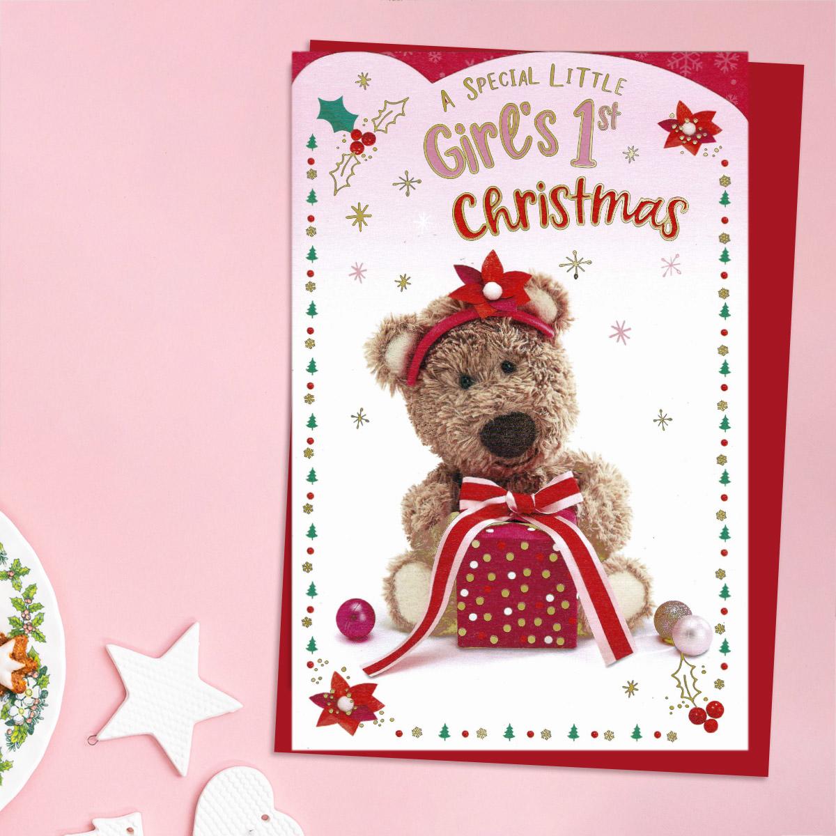 Special Little Girl's 1st Christmas Barley Bear Card Front Image
