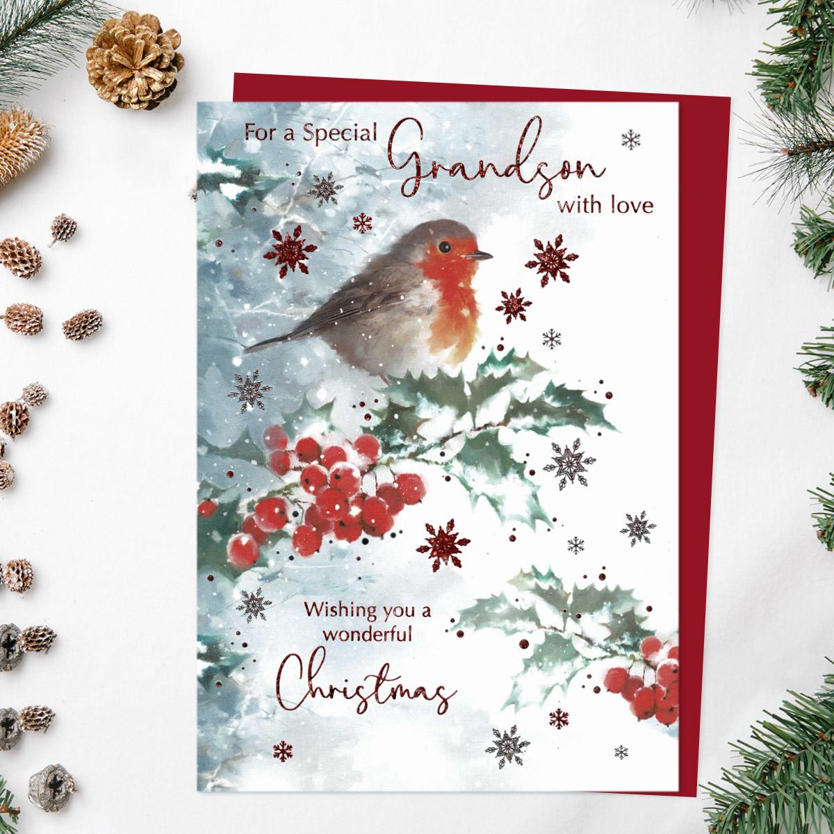 Special Grandson At Christmas Robin Card Front Image